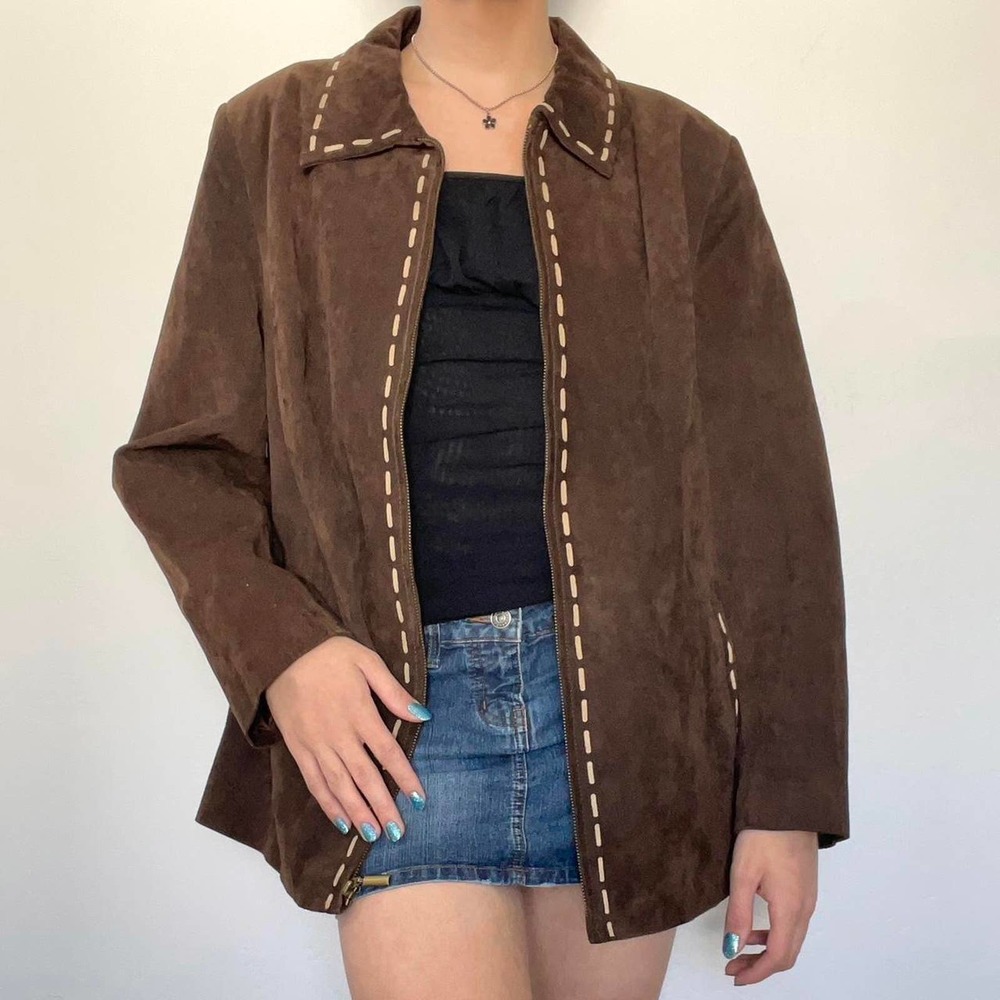 Vintage brown suede leather striped jacket - Picture 1 of 5